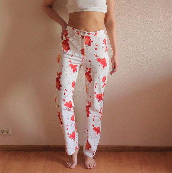 White Pants Rose Print Pants Women's Pants High Waisted Trousers White Red  Orange Cotton Blend Floral Print Medium Size - Etsy
