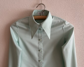 Vintage Women's Blouse Butterfly Collar Blouse Mint Green Long Sleeve Retro Womens Shirt Buttons up XS Size