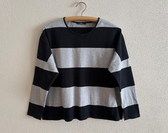 MARIMEKKO Top Women's Shirt Long Sleeves Top Black Gray Striped Cotton Jersey T-Shirt Large Size