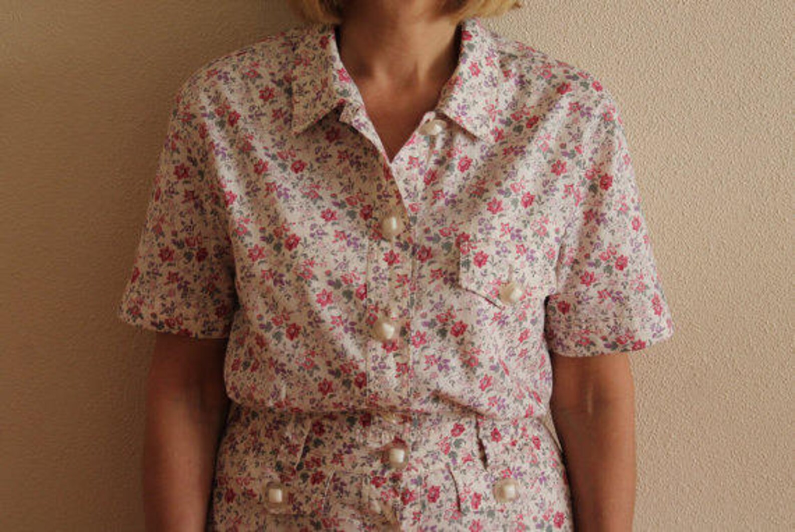 Vintage Dress Floral Flower Print Short Sleeve Button up Long Midi ...