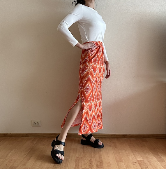 Summer Skirt Pencil Skirt Midi Skirt Vintage Skirt Floral Women Skirt Abstract Print Orange Red High Waist Elastic Waist Small Size Etsy UK