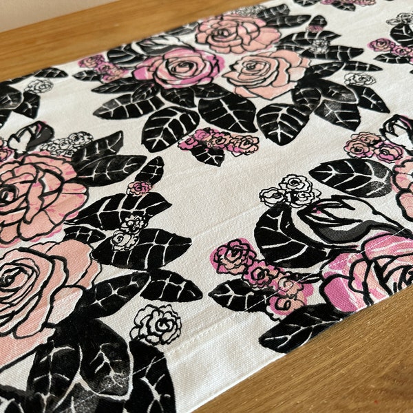 Finlayson Table Runner Rose Print Tablecloth White Black Pink Finlayson Cotton Fabric Panel Finnish Design