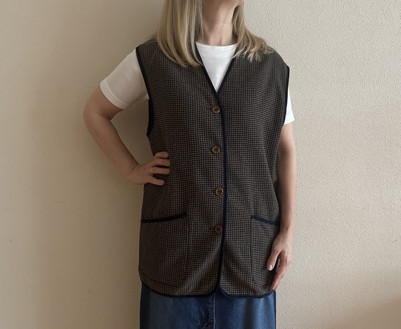 Women's Vest Blue Brown Plaid Vest Wool Blend Wom… - image 3