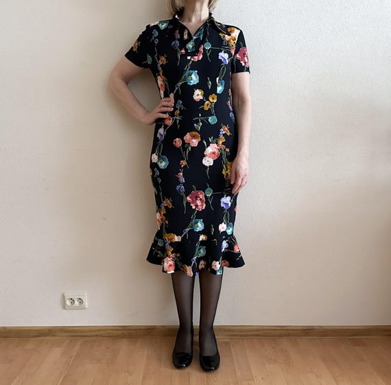 midi wiggle dress Unique Vintage Black Knit Ruffle Sophia Wiggle Dress