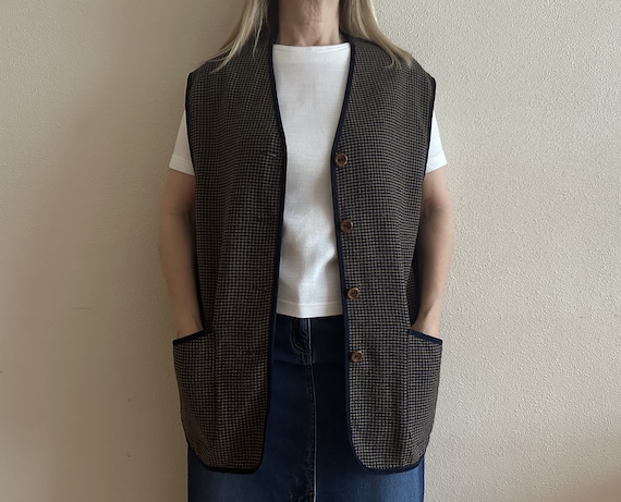 Women's Vest Blue Brown Plaid Vest Wool Blend Wom… - image 1