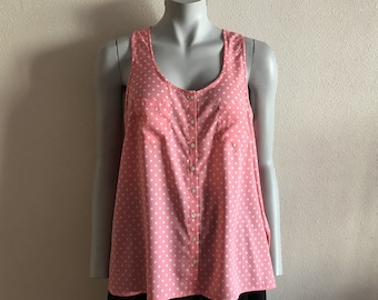 Polka Dot Top Pink White Polka Dot Blouse Sleeveless Summer Top Button up Women Blouse Large Size