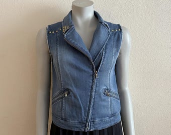 Studded Denim Vest Women’s Sleeveless Jean Jacket Blue Moto Style Zip Front Casual Layering Top