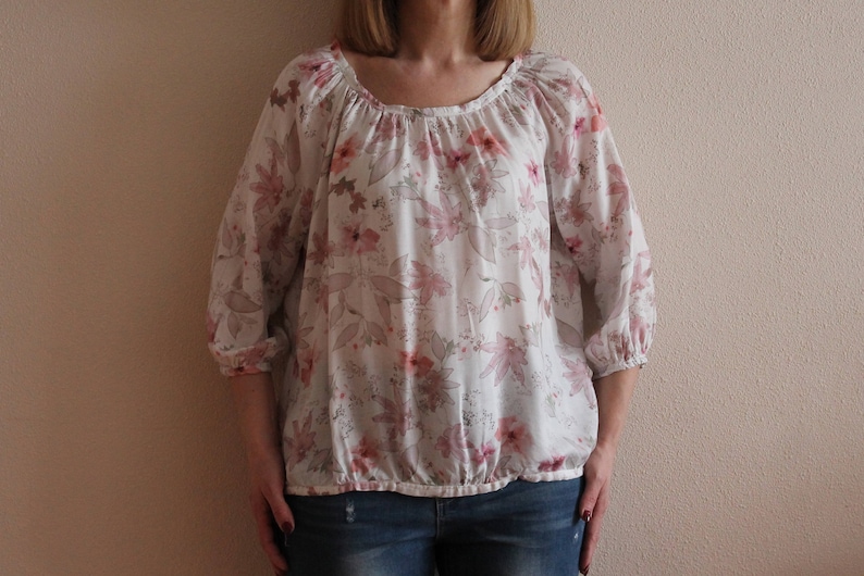 Vintage Blouse Silky Blouse Floral Print Women Top Romantic Summer Shirts 34 Sleeve Pale Pink Ivory Pastel Oversized