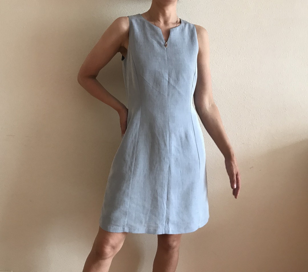 sleeveless shift dress of pale blue linen Sleeveless Linen Shift Dress With Slit, Mid Calf Linen Dress With Pockets, Tank Linen Midi Dress BROOK