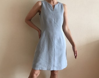 laura ashley linen blend dress Laura Ashley Blue Mix Linen Blend Floral Shift Dress, Size 20