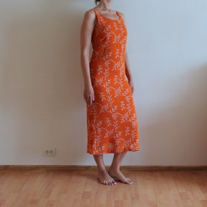 Vintage Dress Floral Summer Dress Bright Orange Sleeveless Dress Lining Flower Grunge Boho Hippie Small Size