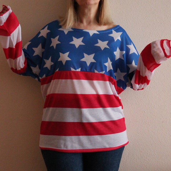 Women's Top American Flag Print Top Stars & Stripes Blouse Summer Blouse Red White Blue July 4TH Top Large to Extra Large