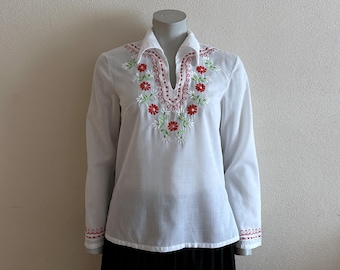 VINETTA Weiß Damen Bluse Langarm Shirt Baumwollmischung Top Frauen Shirt Gestickte Blume Folk Hippie Bluse Schwedische Vintage