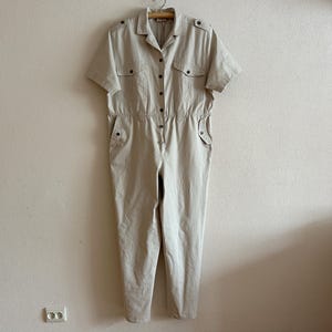 Beige Utility Jumpsuit Women Vintage Style Boiler Suit Short Sleeve Coverall Workwear Romper Safari Military Overall Beige Cotton One Piece image 5
