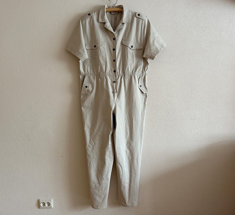 Beige Utility Jumpsuit Women Vintage Style Boiler Suit Short Sleeve Coverall Workwear Romper Safari Military Overall Beige Cotton One Piece image 5
