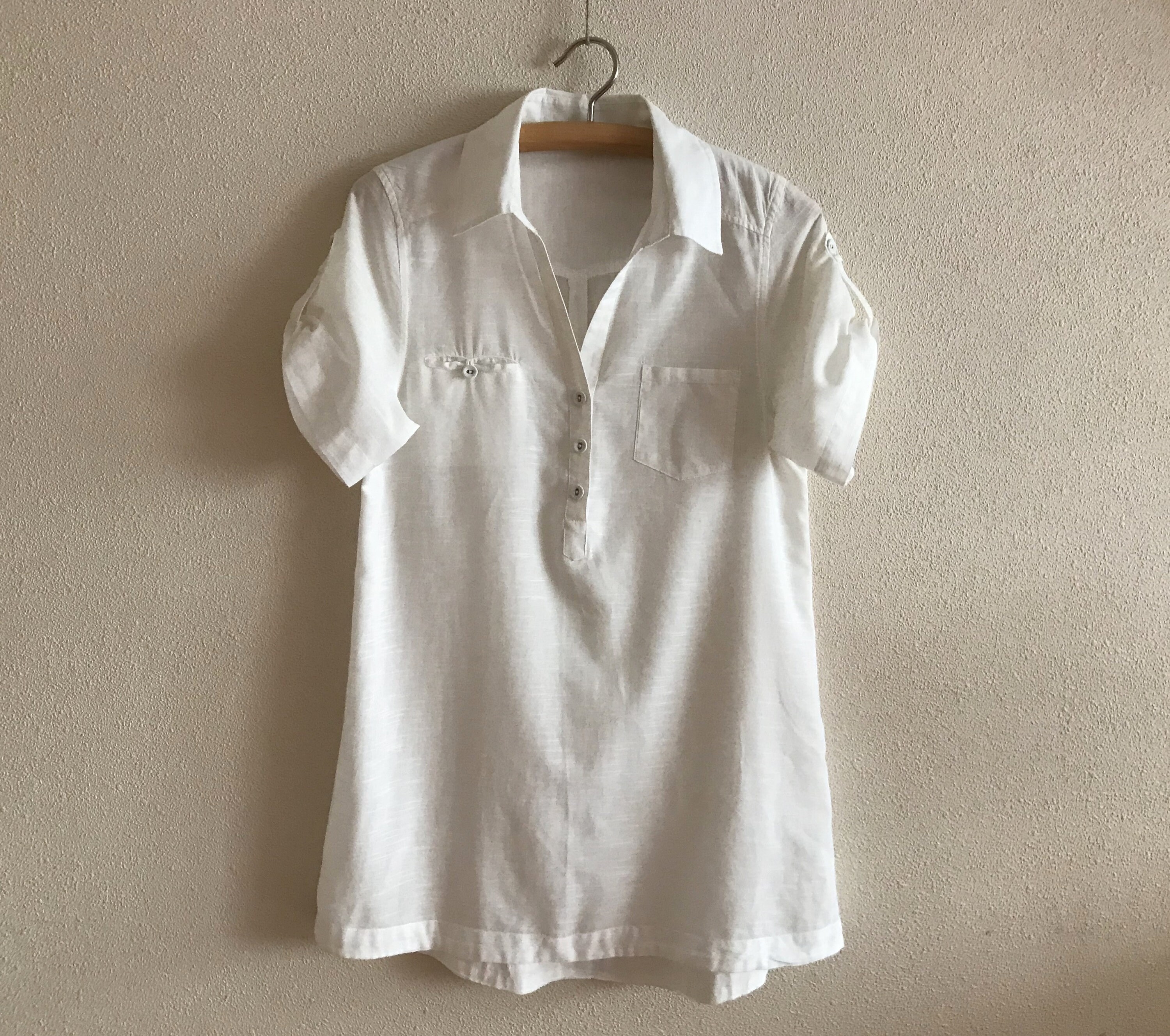 White Blouse Short Sleeve Cotton Tunic Women Summer Top Hippie Boho Bohemian Shirt Medium Size