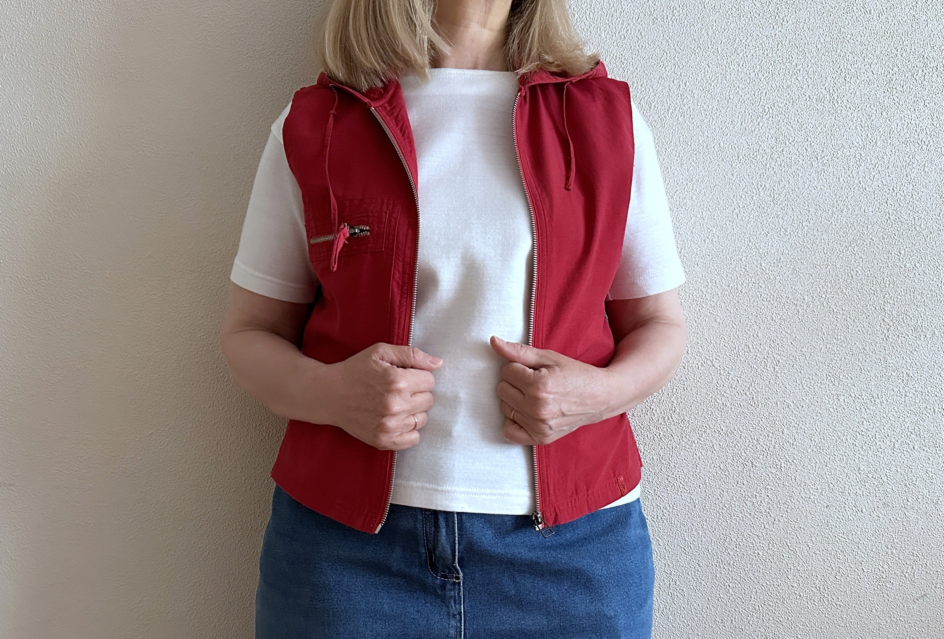 Women s Vest Red Cotton Blend Vest Red Women Waistcoat Classic Hooded Etsy UK