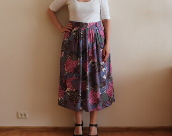 Summer Skirt Midi Skirt Vintage Skirt Floral Women Skirt Flower Print Purple Pink High Waist Medium Size