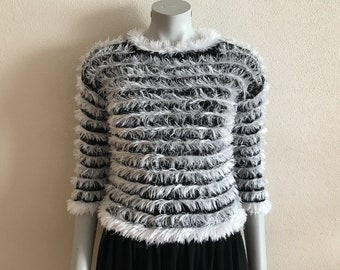 Strickpullover Damen Fuzzy Pullover Warm Winter Pullover Strick Top Schwarz Weiß Gestreift Pullover elegant und romantisch weich Pullover 3/4 Ärmel