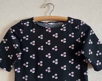 MARIMEKKO Top Abstract Print Marimekko Shirt Short Sleeve Black Women T-Shirt Cotton Jersey Blouse