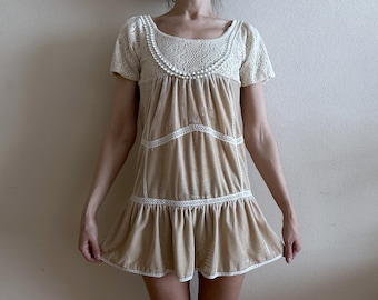 Vintage CCT kant fluwelen mini-jurk crème kant champagne fluwelen babydoll-jurk cottagecore boho romantische prairiejurk petite tuniek voor dames