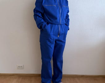 Tuta da lavoro vintage blu, 100% cotone, tuta da lavoro europea, taglia 52