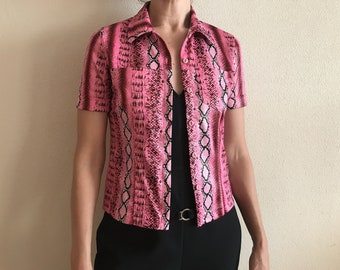 Vintage Blouse Pink Blouse Women Blouse Snake Print Top Short Sleeve Shirt Reptile Animal Pink Small Size