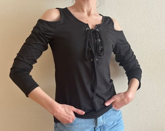 Open Shoulder Top Black Vintage Top Black Women Blouse