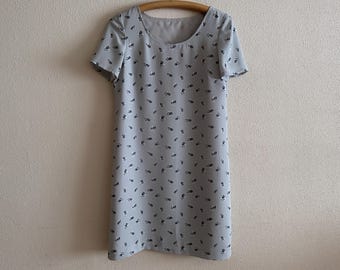 Vintage Dress Gray Floral Summer Dress Short Sleeve Knee Length Flower Print Dress Lined