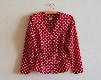 Vintage Bluse Frauen Bluse Rot Weiß Polka Dot Bluse Langarm Bluse Schulterpolster V Ausschnitt