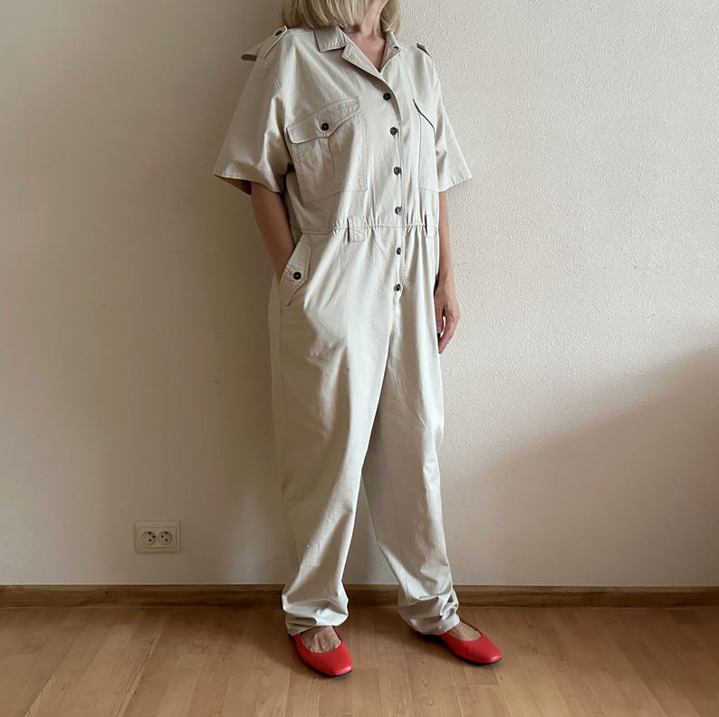 Beige Utility Jumpsuit Women Vintage Style Boiler Suit Short Sleeve Coverall Workwear Romper Safari Military Overall Beige Cotton One Piece image 3