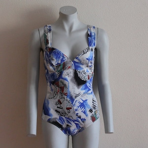One Piece Swimsuit Retro Bodysuit White Blue Black Abstract Print Swimsuit One Piece Bathing Suit Vintage Swimwear  Swimming Suits