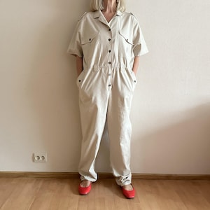 Beige Utility Jumpsuit Women Vintage Style Boiler Suit Short Sleeve Coverall Workwear Romper Safari Military Overall Beige Cotton One Piece