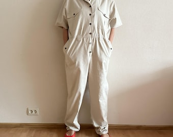 Beige Utility Jumpsuit Women Vintage Style Boiler Suit Short Sleeve Coverall Workwear Romper Safari Military Overall Beige Cotton One Piece