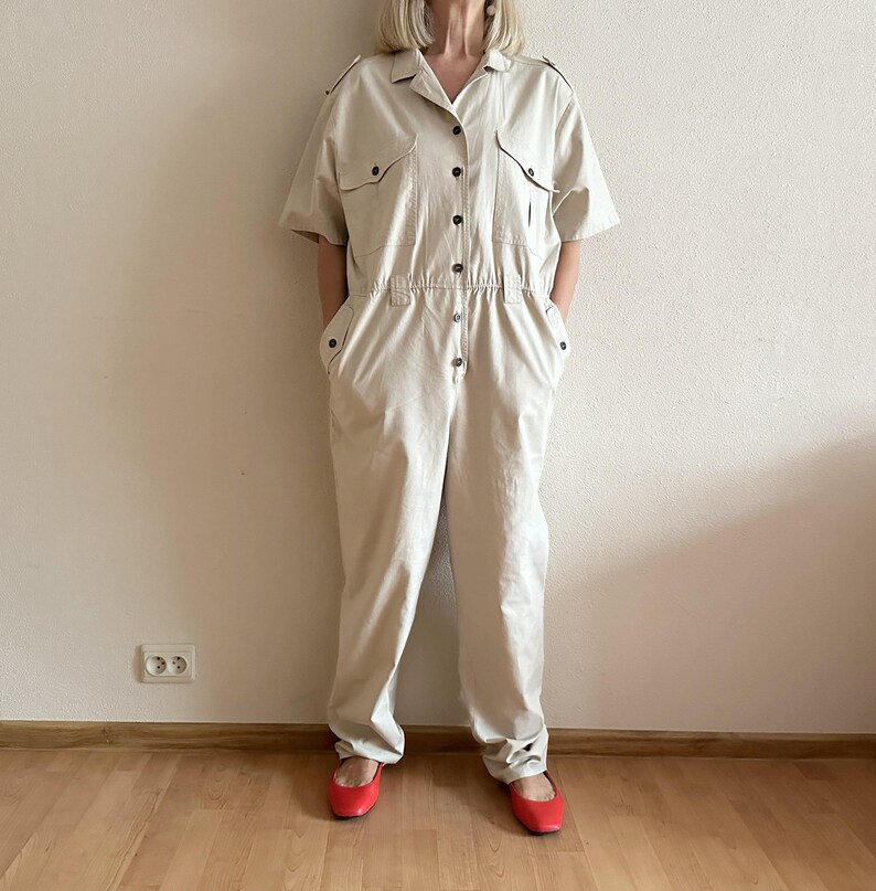 Beige Utility Jumpsuit Women Vintage Style Boiler Suit Short Sleeve Coverall Workwear Romper Safari Military Overall Beige Cotton One Piece image 1