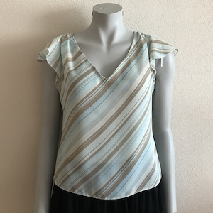 Women Top Summer Top Short Sleeve Vintage Blouse Pale Blue Grey Striped Large Size