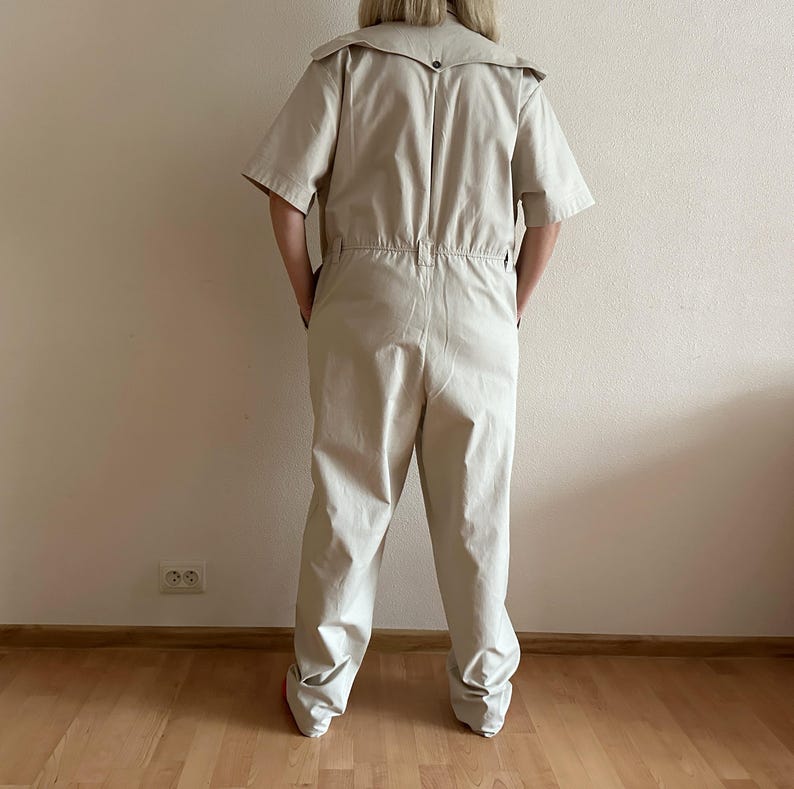 Beige Utility Jumpsuit Women Vintage Style Boiler Suit Short Sleeve Coverall Workwear Romper Safari Military Overall Beige Cotton One Piece image 4