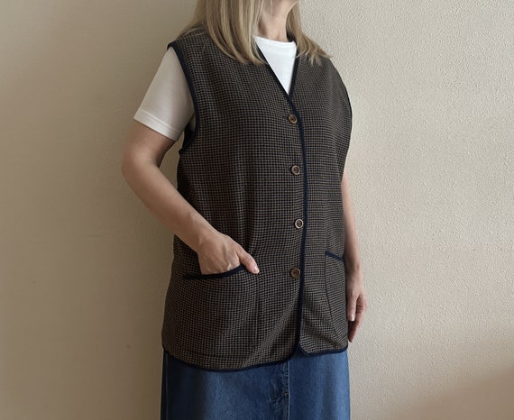 Women's Vest Blue Brown Plaid Vest Wool Blend Wom… - image 4