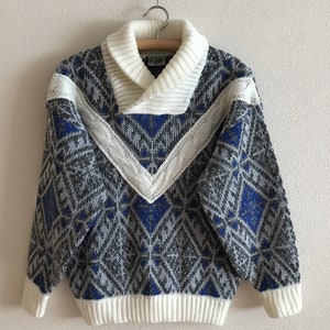 Vintage Mens Sweater White Grey Blue Ornamental Knitted Mens Pullower Knit Wool Blend Shawl Collar Jumper