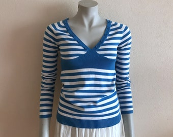 Striped Cotton Sweater Vintage Nautical Top Blue White Striped Sailor Blouse Marine Sweater Long Sleeve Small Size