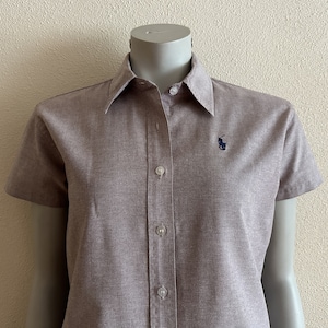RALPH LAUREN Blouse Light Purple Women Shirt Vintage Women Blouse Short Sleeve Top Button up Cotton Shirt