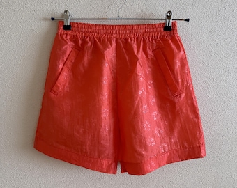Vintage Coral Red Floral Shorts Elastic Waist Summer Shorts Lightweight Shiny Festival Shorts Size S