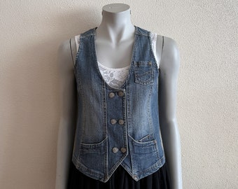 Denim Vest Women's Denim Vests Blue Denim Waistcoat Fitted Metal Buttons Womens Country Western Boho Sleeveless Denim Jacket Small Size