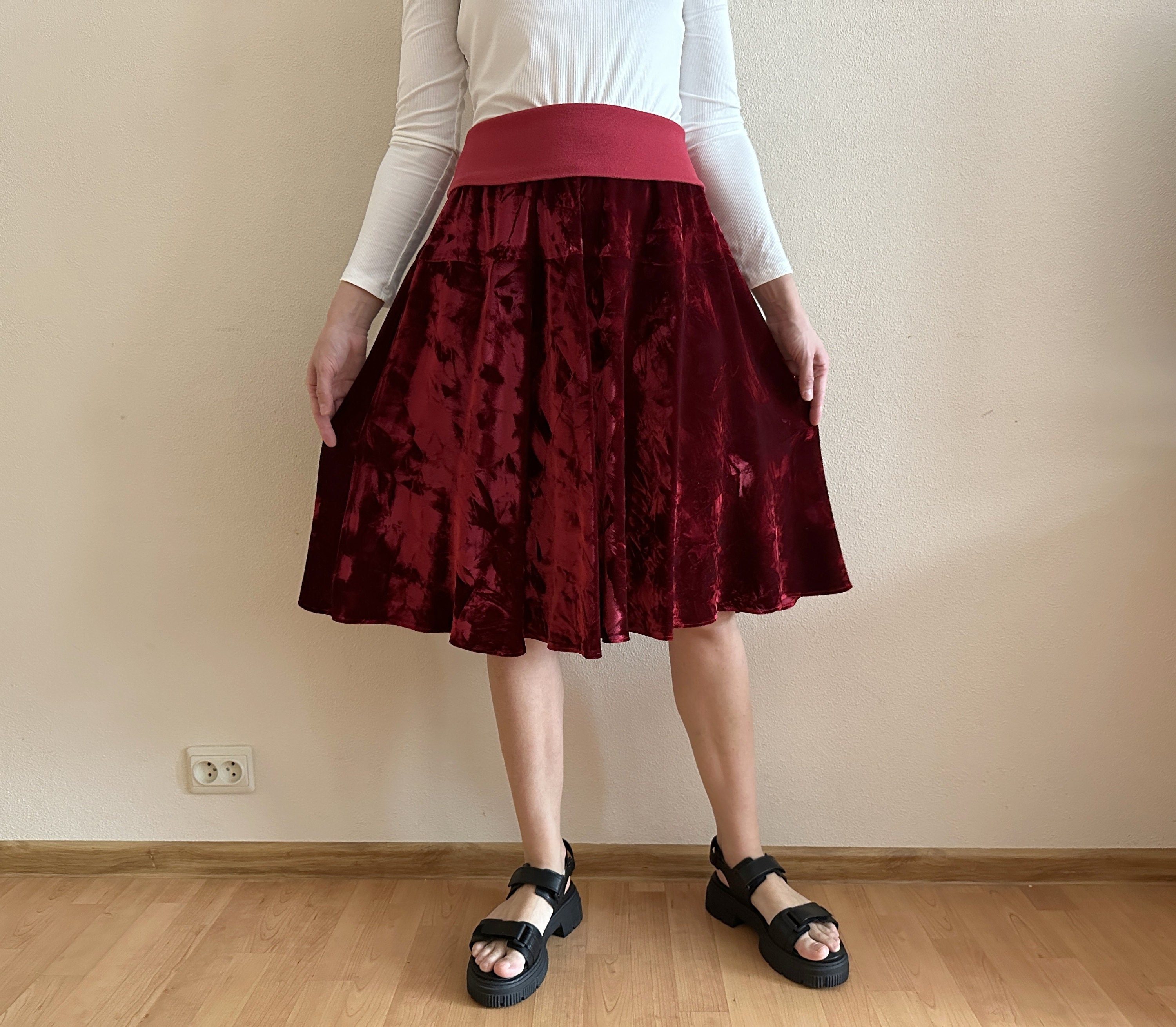 Red Crushed Velvet Skirt Elastic Waist Gipsy Skirt Knee Length Oversized 
