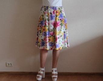 Summer Skirt Midi Skirt Linen Blend Skirt Vintage Skirt Floral Women Skirt Flower Print Elastic Waist  High Waist Medium Size