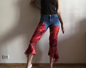 Women's Denim Pants Vintage Capri Denim Trousers Jeans Pants Recycled Red Silk Eco Friendly 3/4 Length Small Size