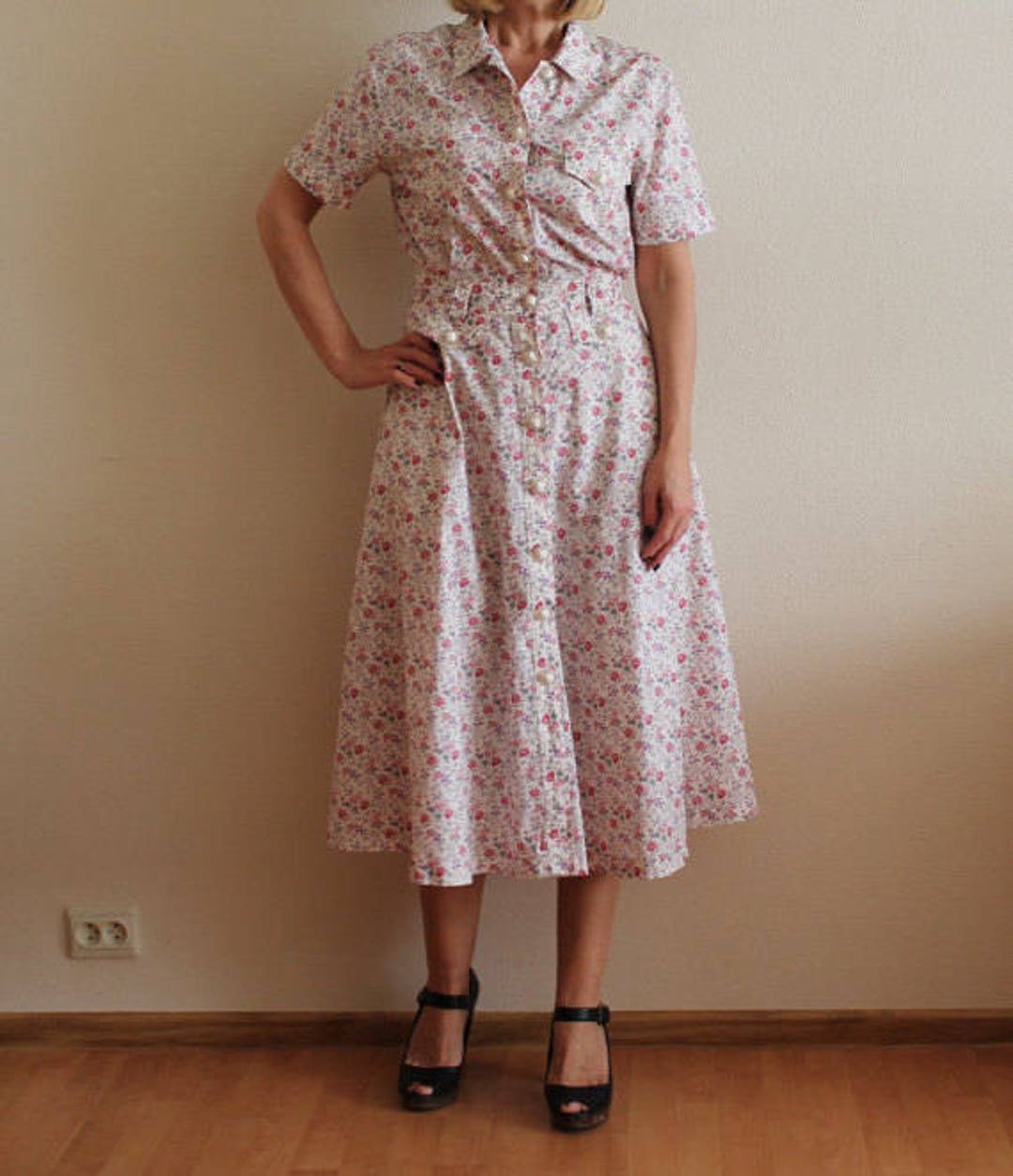 Vintage Dress Floral Flower Print Short Sleeve Button up Long Midi ...