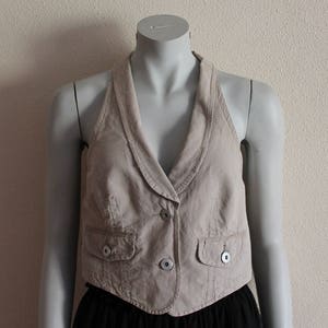 Women's Vest Beige Vest Beige Striped Women Vest Romantic Fitted Waistcoat Formal Cotton Linen Blend Medium Size