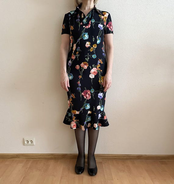 Vintage Handmade Floral Midi Dress Black Floral Wiggle Dress with Ruffle  Hem 90s Tailored Dress Romantic Cottagecore Garden Party Dress