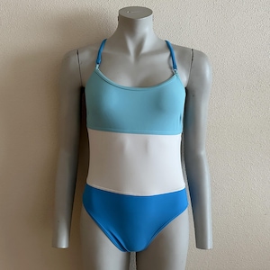 One Piece Swimsuit Retro Bodysuit Criss-Cross Back Swimsuit One Piece Blue White Colorblock Bathing Suit Vintage Swimwear Swimming Suits